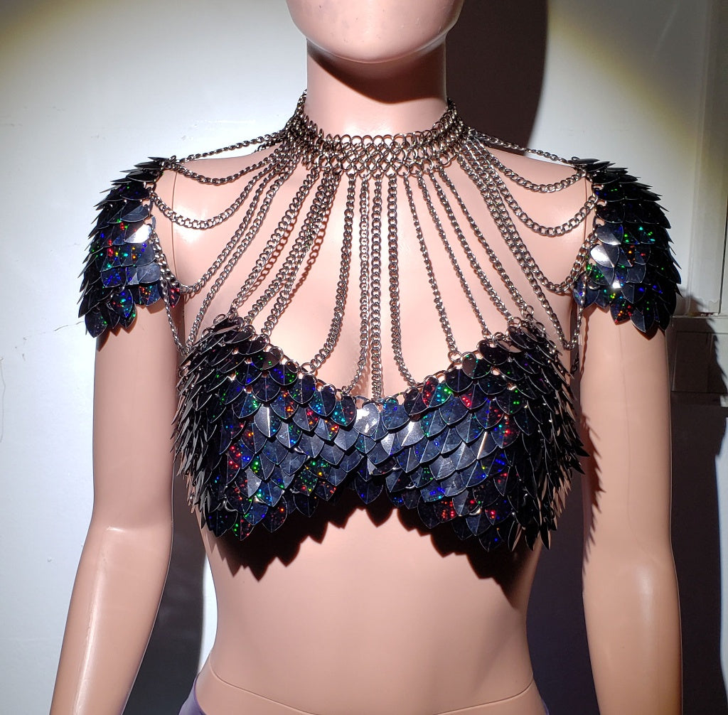 Black Dragon Scale Armor Bra Top with Shoulder Pauldrons- Scalemail Chainmail Cosplay,Rave Outfits
