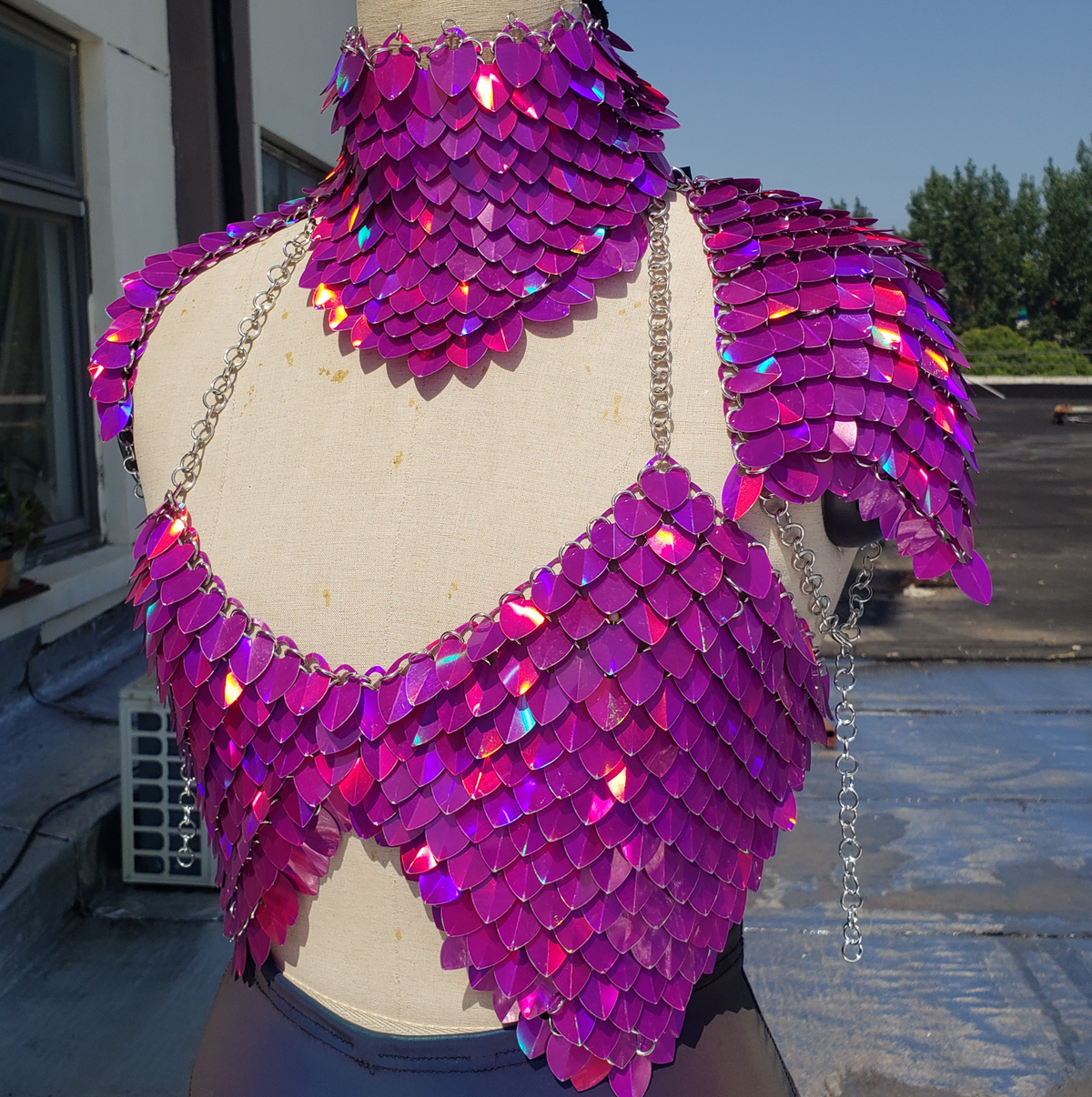 Magenta Holographic Scalemail Pauldrons Top — Festival Rave Outfit Armor with High Neck Choker