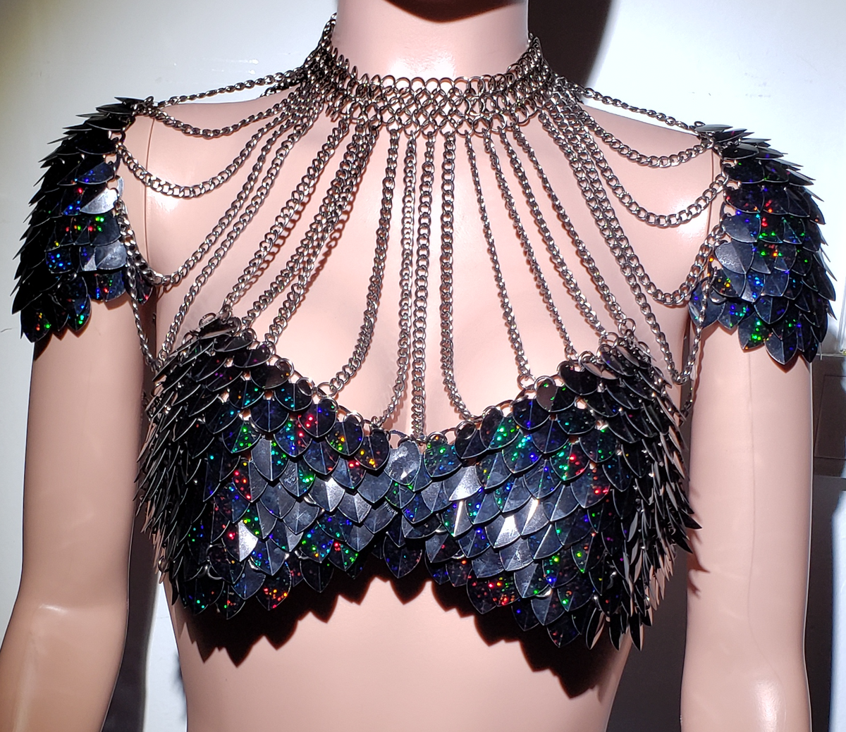 Rave Outfits Women's Black Scalemail Festival Crop Top with Pauldrons
