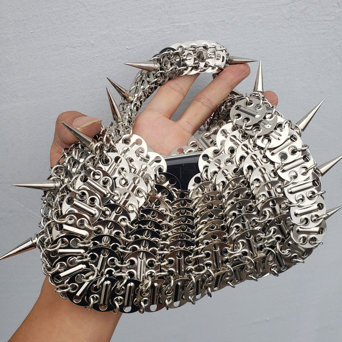 Spiked Chainmail Mini Handbag, Gothic Punk Festival Metal Chainmaille Top Handle Bag