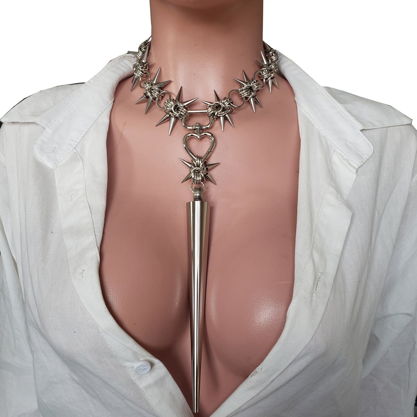 Stainless Steel Chainmail Necklace with Giant Spike Pendant