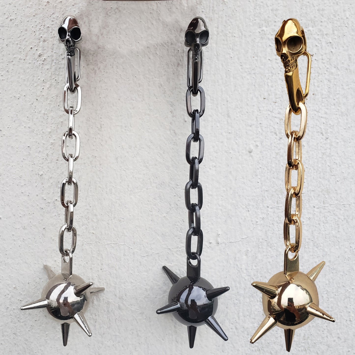 Stainless Stain Skull Carabiner Large Flail Keychain, Punk Rock Morning Star Mace Bag Chain Charm , Alternative Backpack Charm,Unique gift