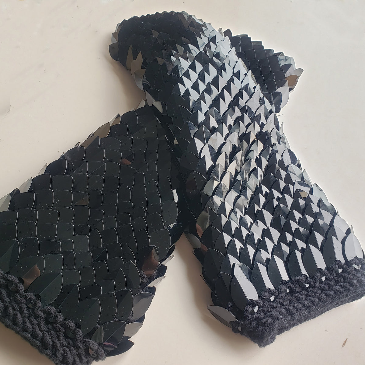 Black Knitting Scalemail Gauntlets - Gothic Dragon Scale Arm Guards