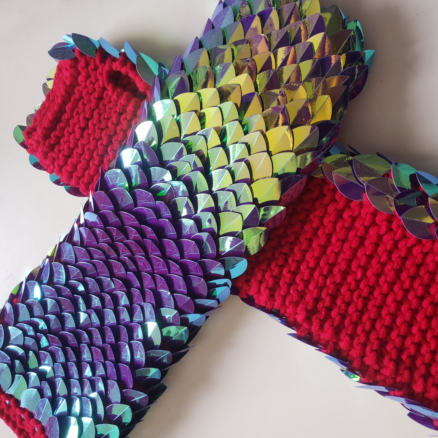 Iridescent Knitted Scalemail Gauntlets - Custom Dragon Scale Fingerless Gloves