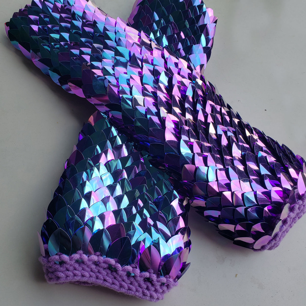 Blue Purple Iridescent Knitted Scalemail Gauntlets – Custom Fit Dragon Scale Gloves