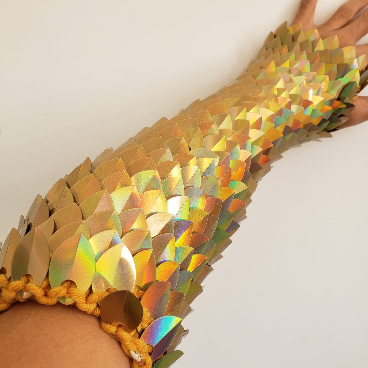 Iridescent Knitted Scalemail Gauntlets - Dragon Scale Fantasy Armor Fingerless Gloves