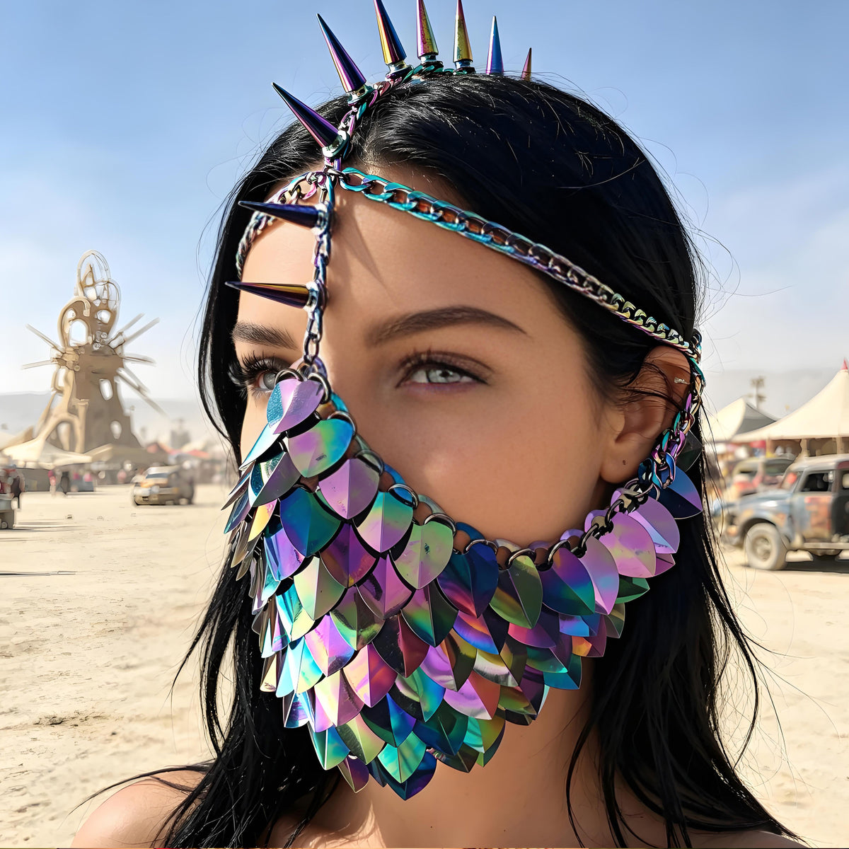 Rave Outfits Spiked Dragon Scalemail Face Mask & Headpiece - Festival Veil