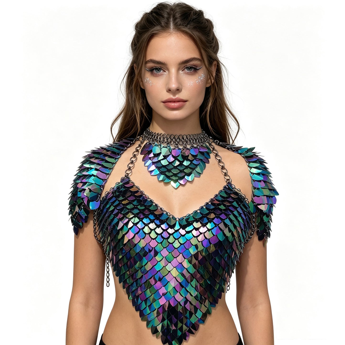 Scalemail Pauldrons Top — Iridescent Holographic Armor Set for Rave Outfits & Cosplay