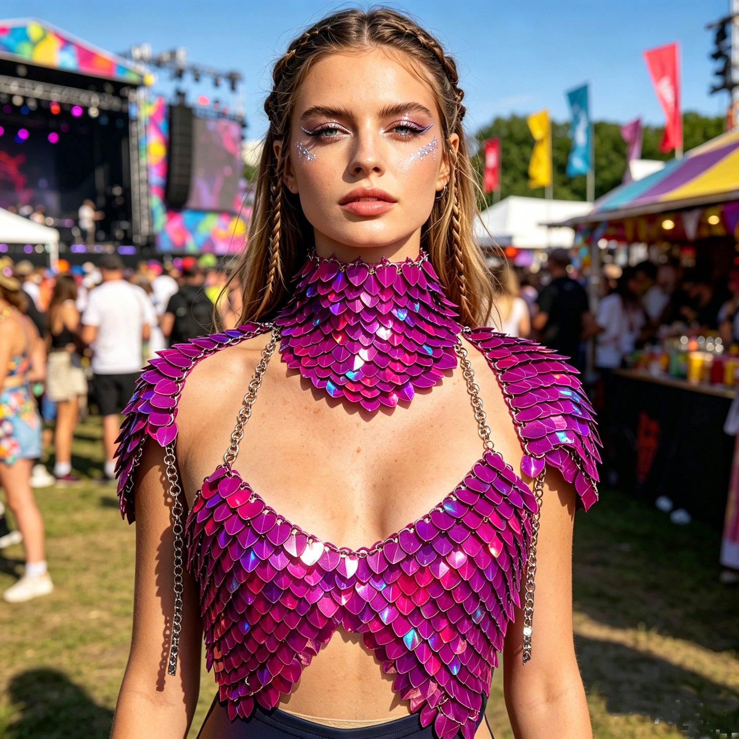 Magenta Holographic Scalemail Pauldrons Top — Festival Rave Outfit Armor with High Neck Choker