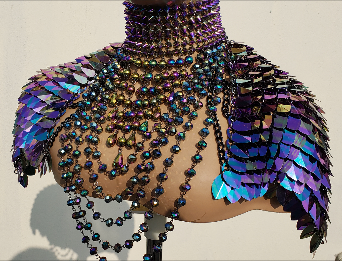 Iridescent Dragon Scale Shoulder Pauldrons Cape | Scalemail Chainmail Rave Outfit