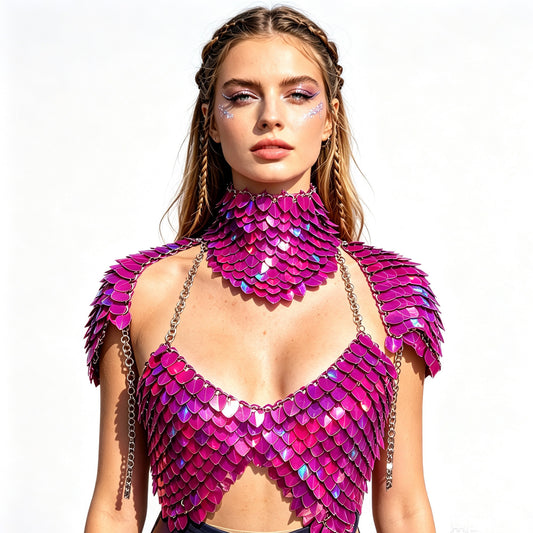 Magenta Holographic Scalemail Pauldrons Top — Festival Rave Outfit Armor with High Neck Choker