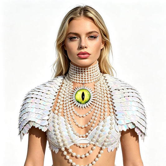 Rave Outfits Women's Pearl White Scalemail Harness with Pauldrons - Dragon Eye Festival Costume