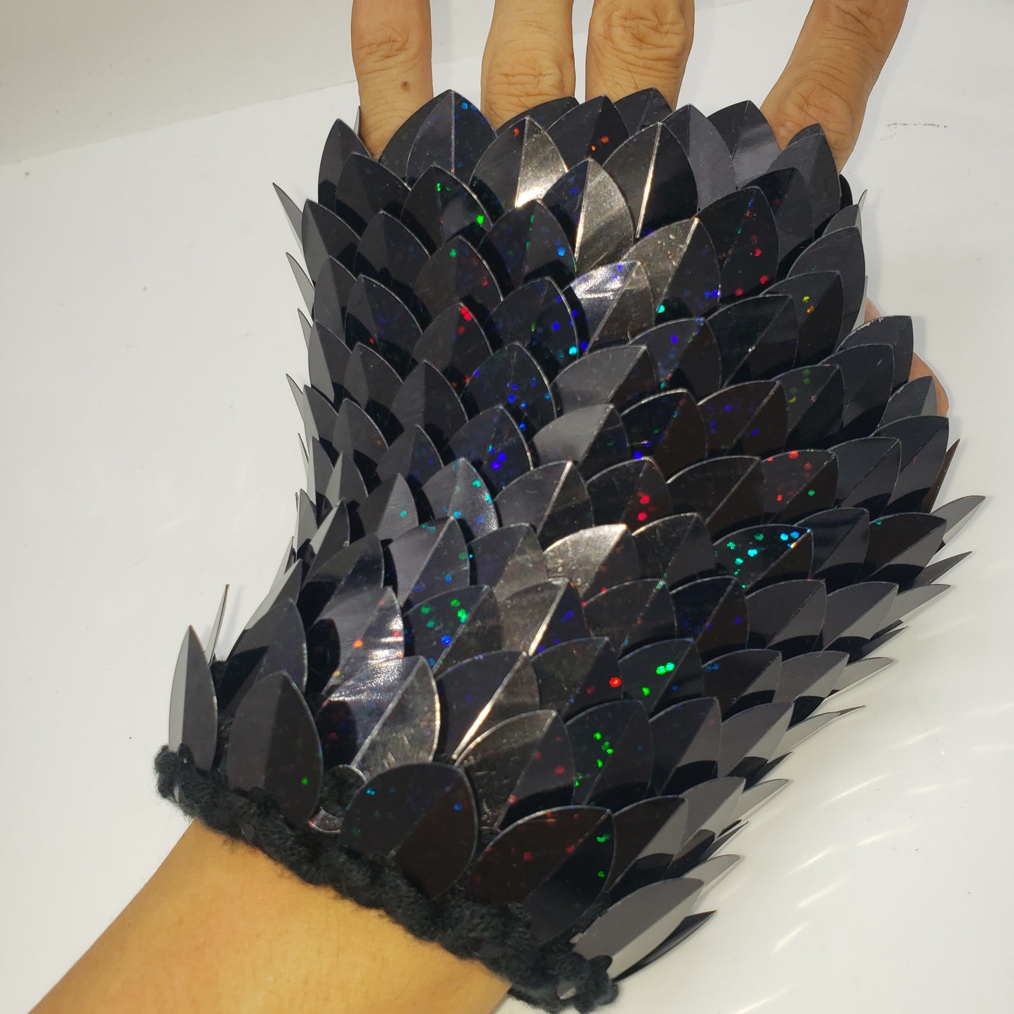 Glitter Black Knitted Scalemail Gauntlets - Dragon Scale Fantasy Armor Fingerless Gloves