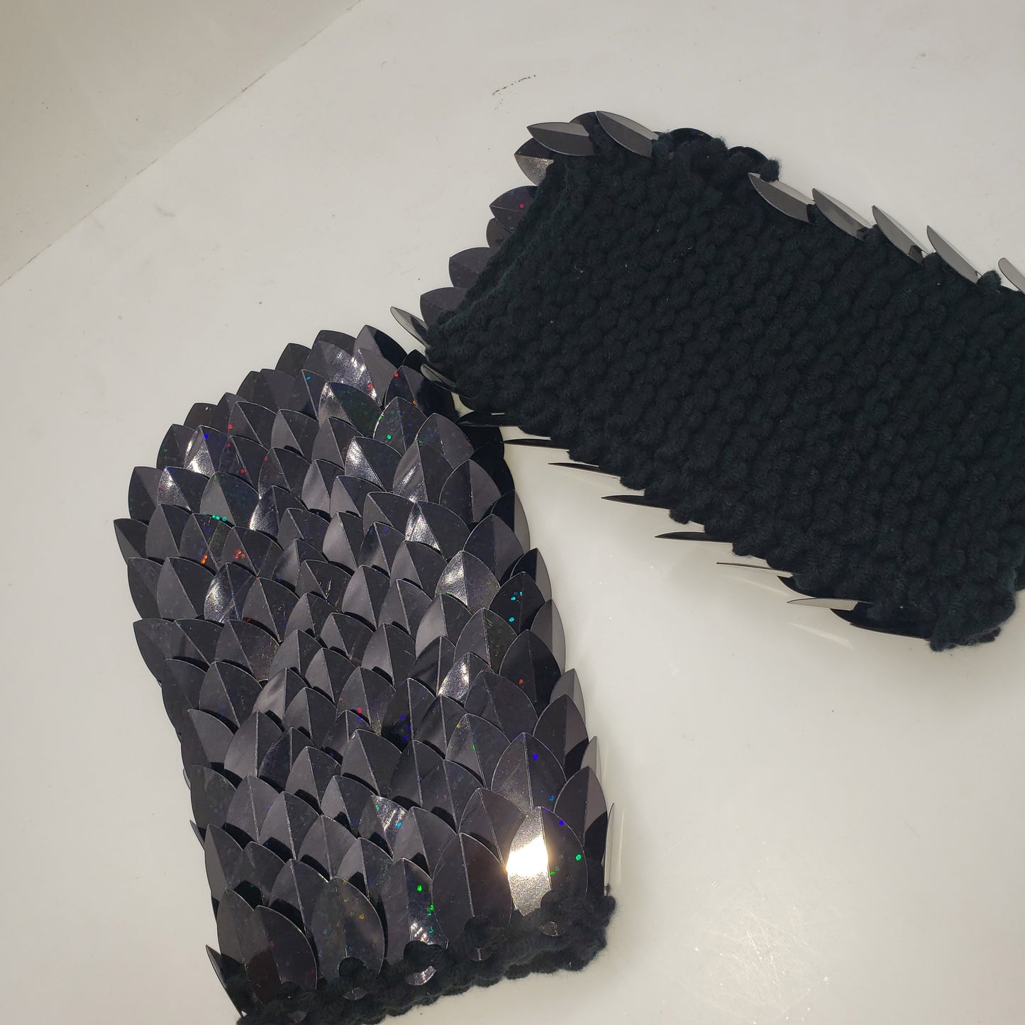 Glitter Black Knitted Scalemail Gauntlets - Dragon Scale Fantasy Armor Fingerless Gloves