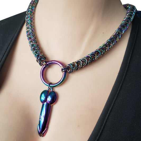 Rainbow Stainless Steel Box Chainmail Necklace with Penis Pendant