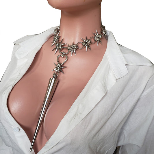 Stainless Steel Chainmail Necklace with Giant Spike Pendant