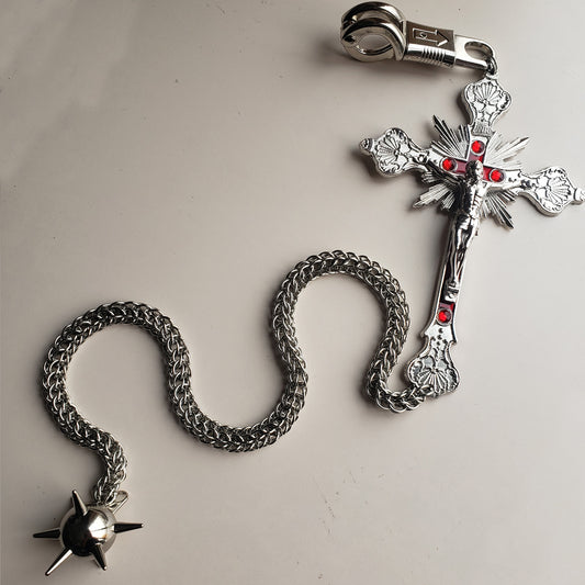 Stainless Stain Chainmail Crucifix Cross Get Back Whip for Motorcycles, Flail Biker Whip for Handlebar Accessories , Biker Gift,Dad Gift