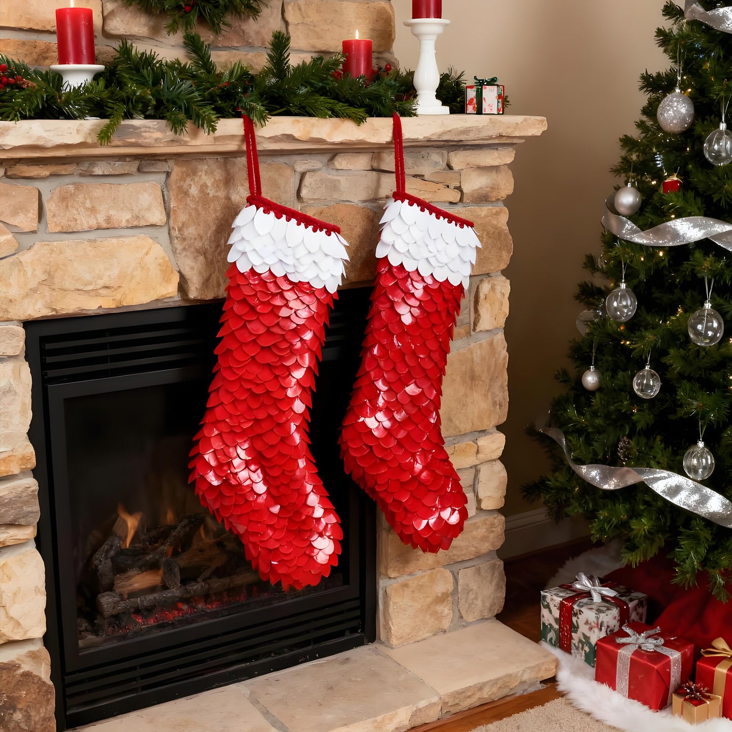 Personalized Knitted Scalemail Christmas Stockings,2025 Christmas Gift,Hand Knit Holiday Decor