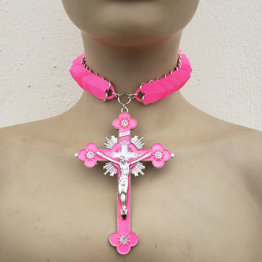 Barbie Pink Cross Scalemail Choker Collar ,Huge Crucifix Cross Necklace,Chainmail Choker