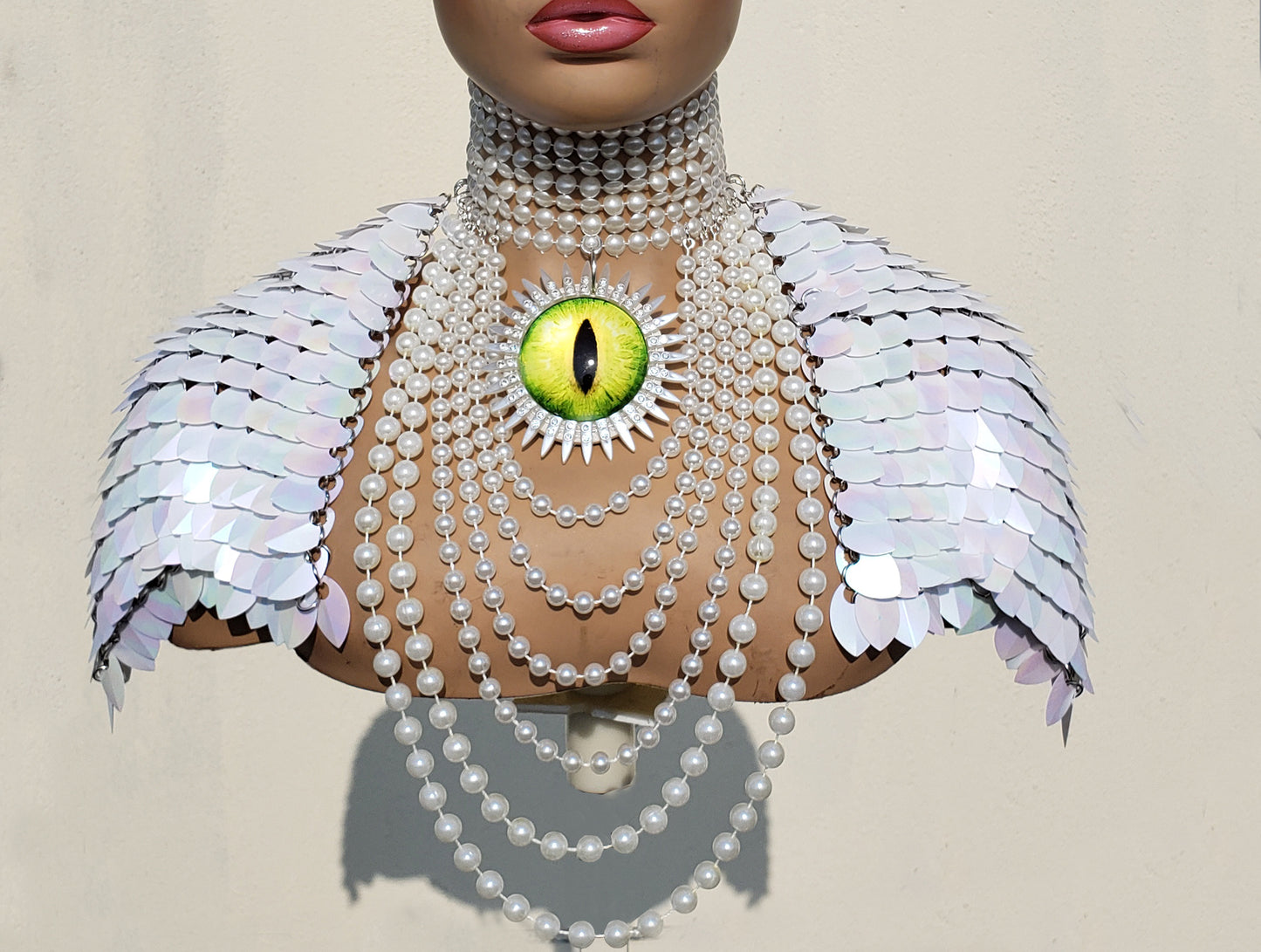 Rave Outfits Women's Pearl White Scalemail Harness with Pauldrons - Dragon Eye Festival Costume