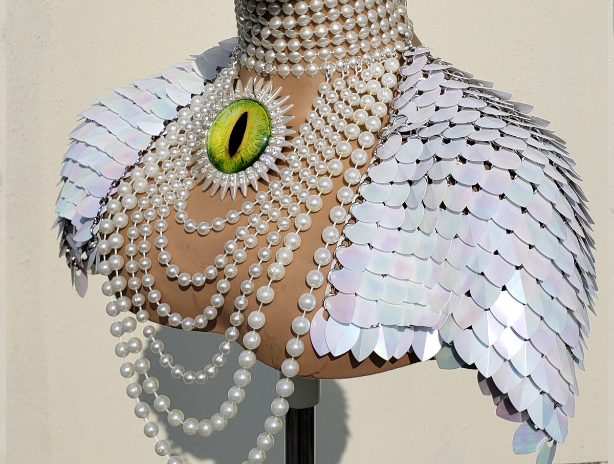 Rave Outfits Women's Pearl White Scalemail Harness with Pauldrons - Dragon Eye Festival Costume
