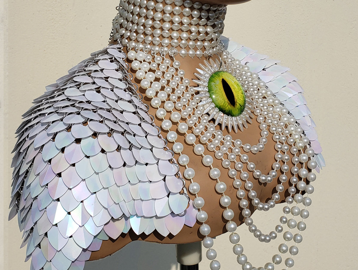 Rave Outfits Women's Pearl White Scalemail Harness with Pauldrons - Dragon Eye Festival Costume