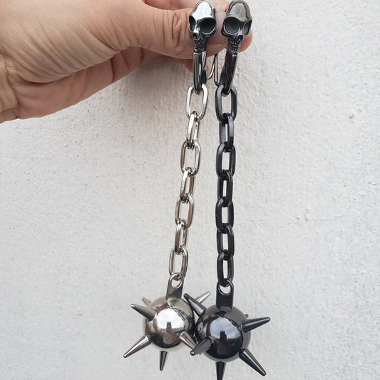 Stainless Stain Skull Carabiner Large Flail Keychain, Punk Rock Morning Star Mace Bag Chain Charm , Alternative Backpack Charm,Unique gift