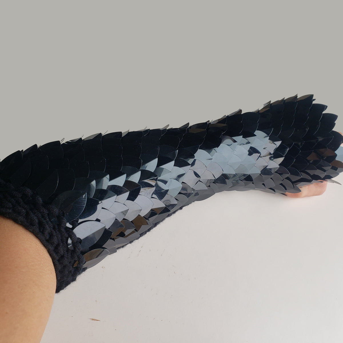Black Knitting Scalemail Gauntlets - Gothic Dragon Scale Arm Guards