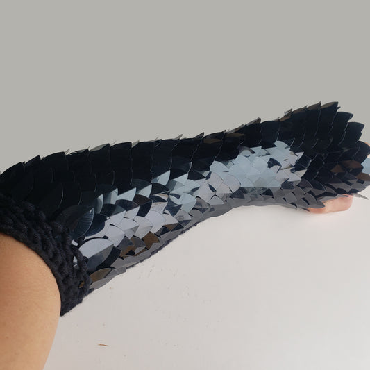 Black Knitting Scalemail Gauntlets - Gothic Dragon Scale Arm Guards