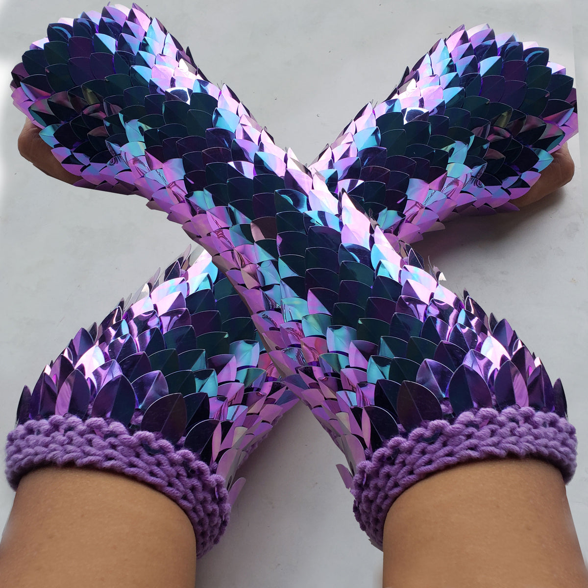 Blue Purple Iridescent Knitted Scalemail Gauntlets – Custom Fit Dragon Scale Gloves