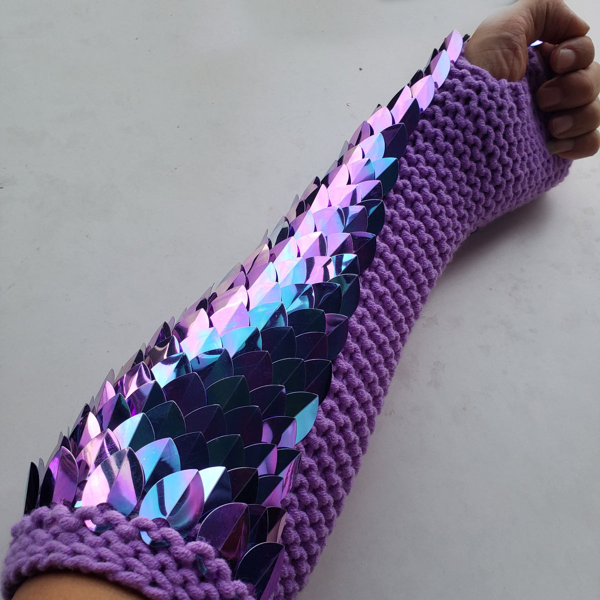 Blue Purple Iridescent Knitted Scalemail Gauntlets – Custom Fit Dragon Scale Gloves
