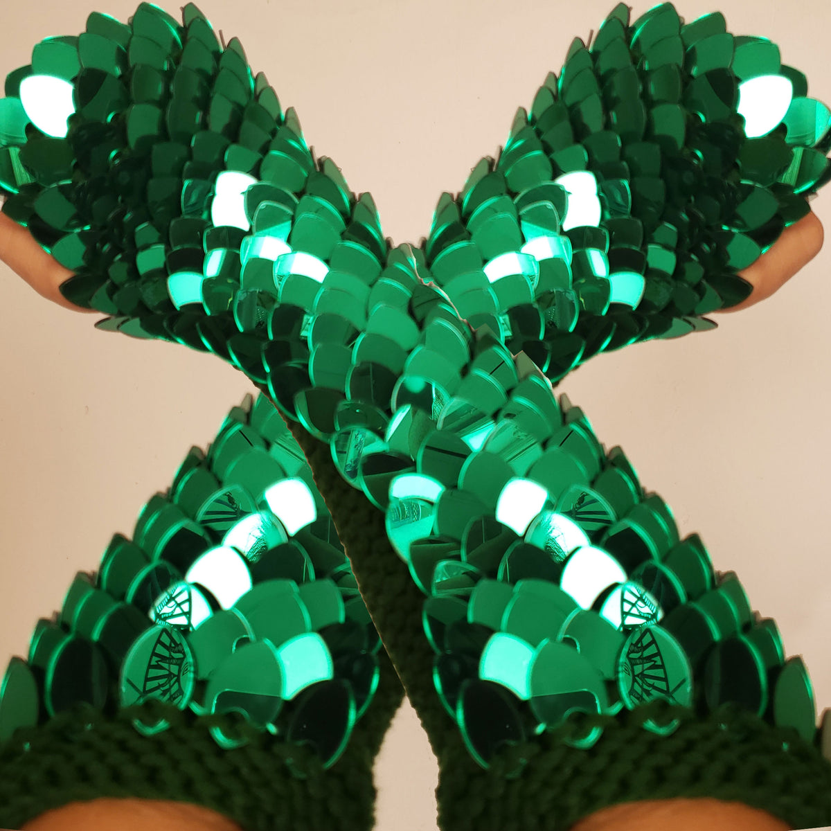 Dragon Scale Gloves – Mirror Green Acrylic Knitted Scalemail Gauntlets