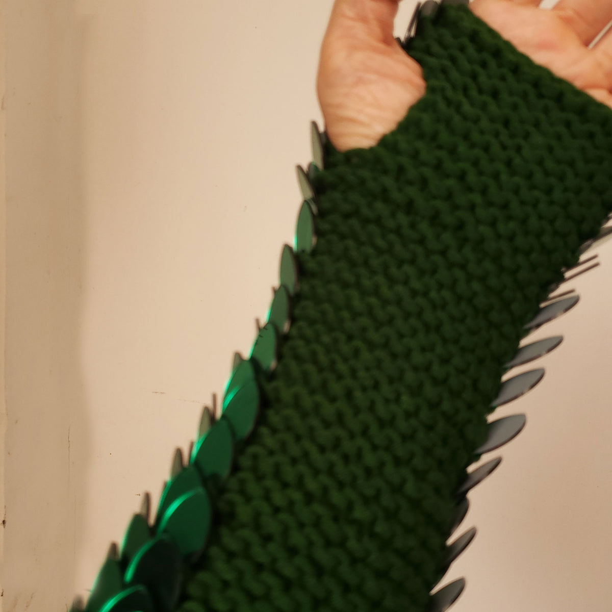 Dragon Scale Gloves – Mirror Green Acrylic Knitted Scalemail Gauntlets