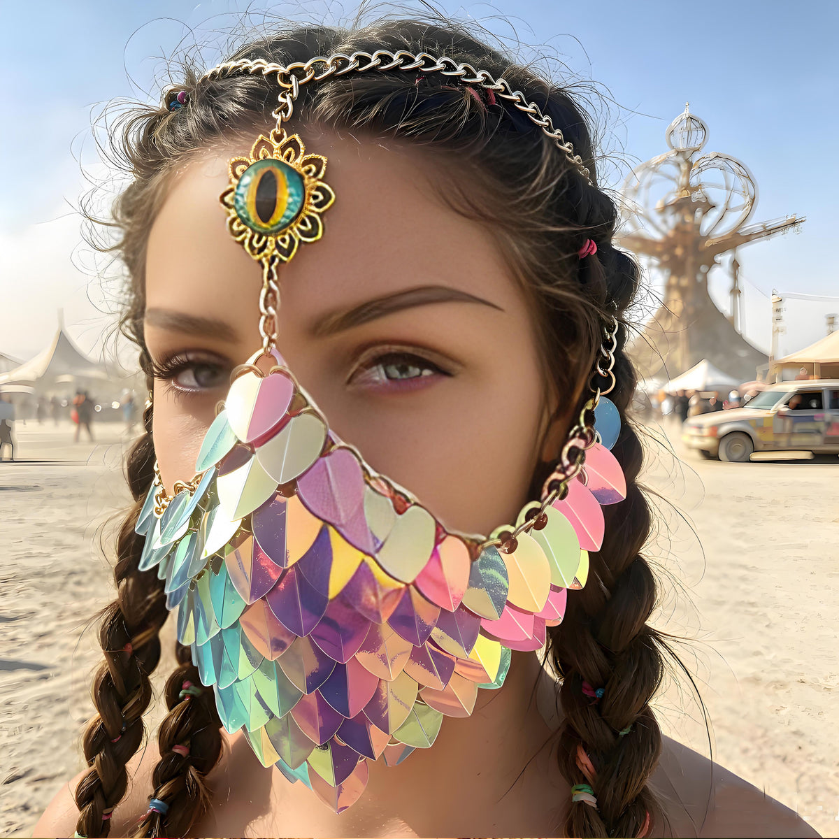 Iridescent Scalemail Face Mask-Rave Gear & Festival Accessories