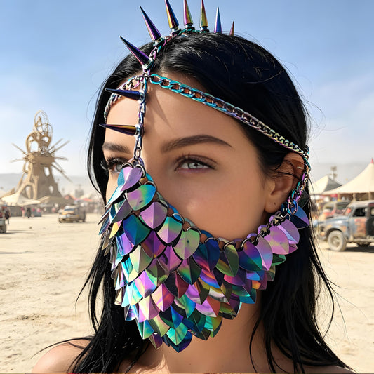 Rave Outfits Spiked Dragon Scalemail Face Mask & Headpiece - Festival Veil
