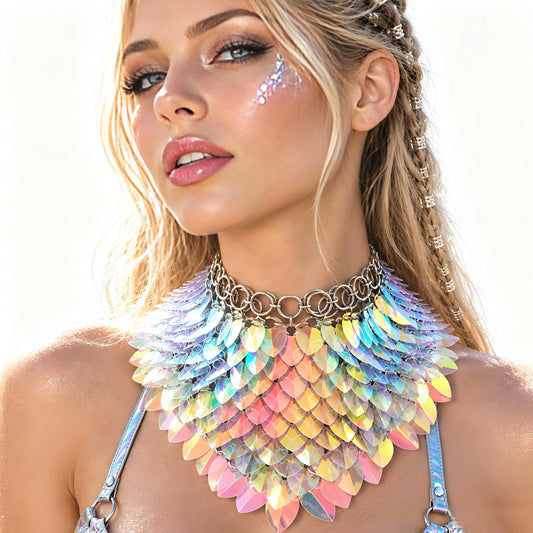 Iridescent Scalemail Choker Rave Necklace — Handcrafted Fantasy Costume Jewelry