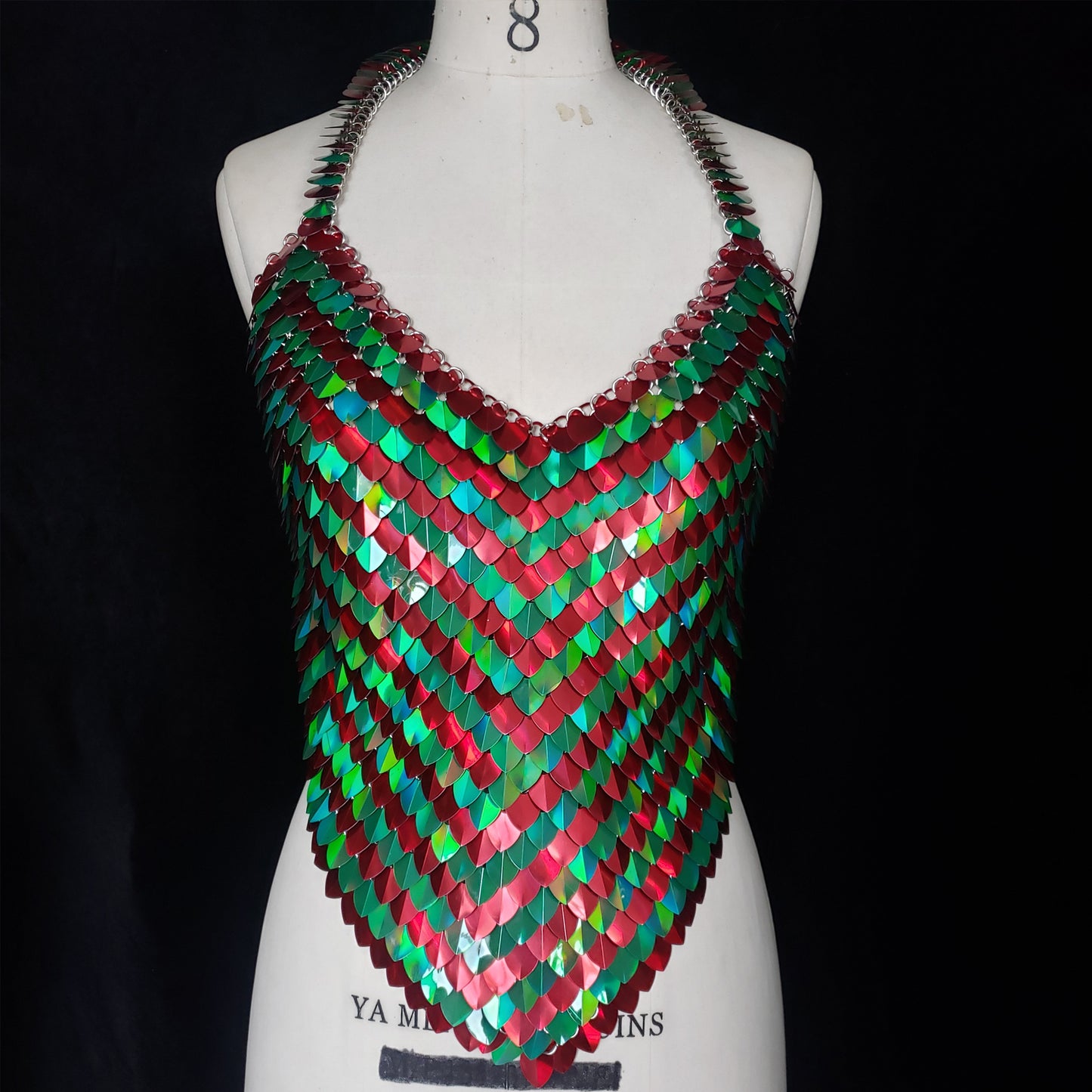 Women's Christmas Scalemail Halter Top — Red Green Chainmail Crop Top for Rave Festival Party