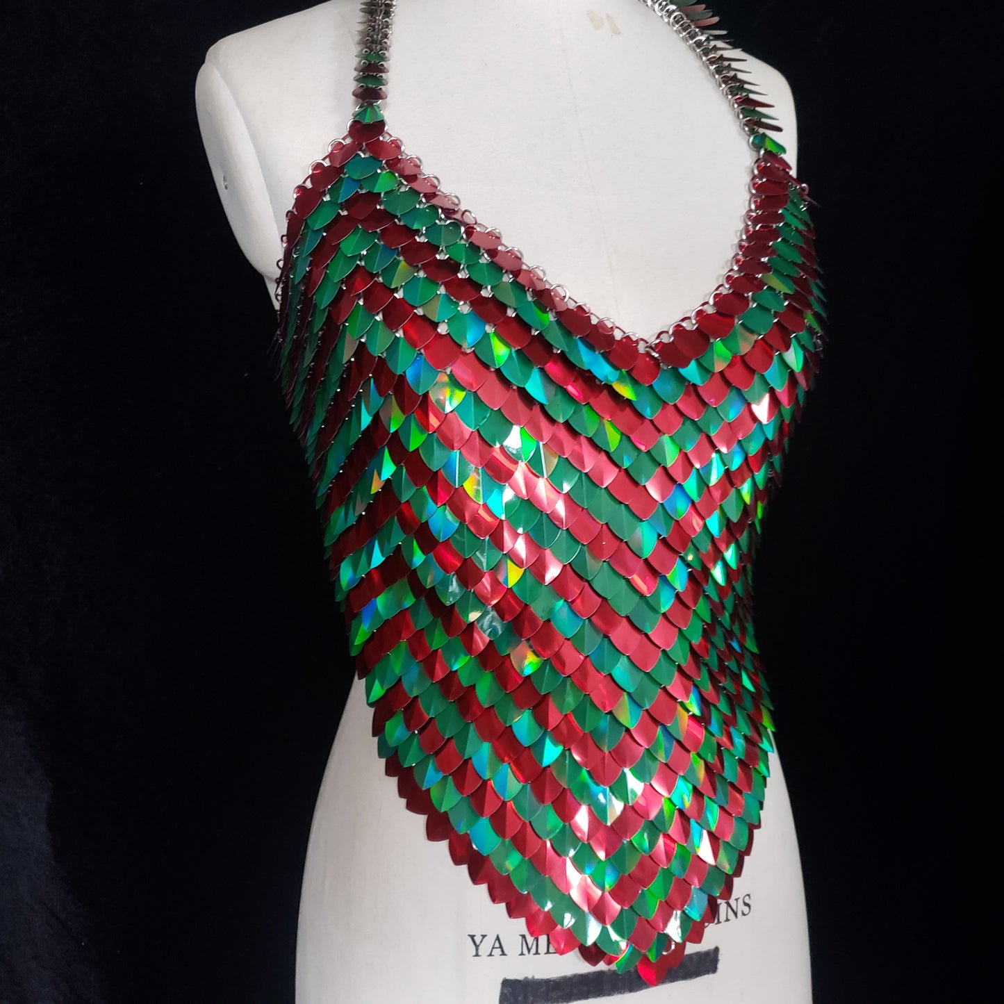 Women's Christmas Scalemail Halter Top — Red Green Chainmail Crop Top for Rave Festival Party
