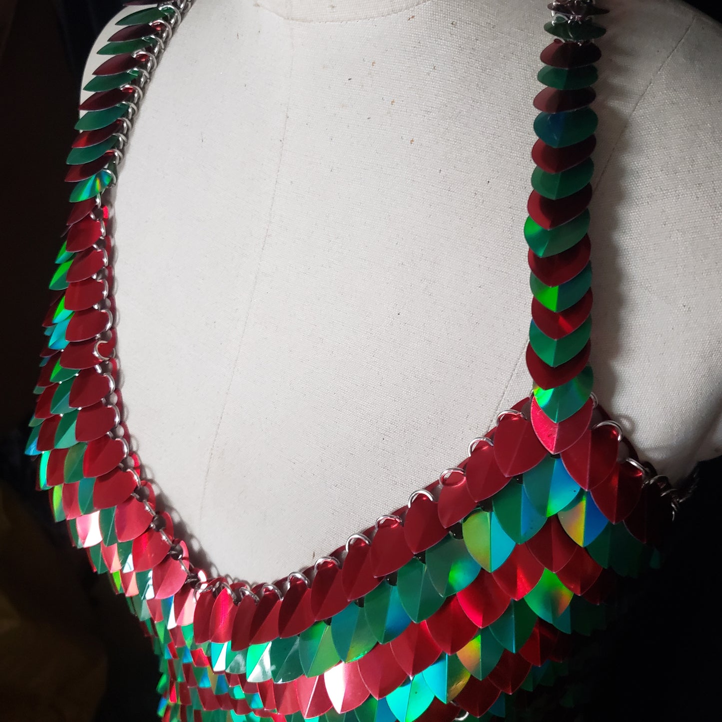 Women's Christmas Scalemail Halter Top — Red Green Chainmail Crop Top for Rave Festival Party